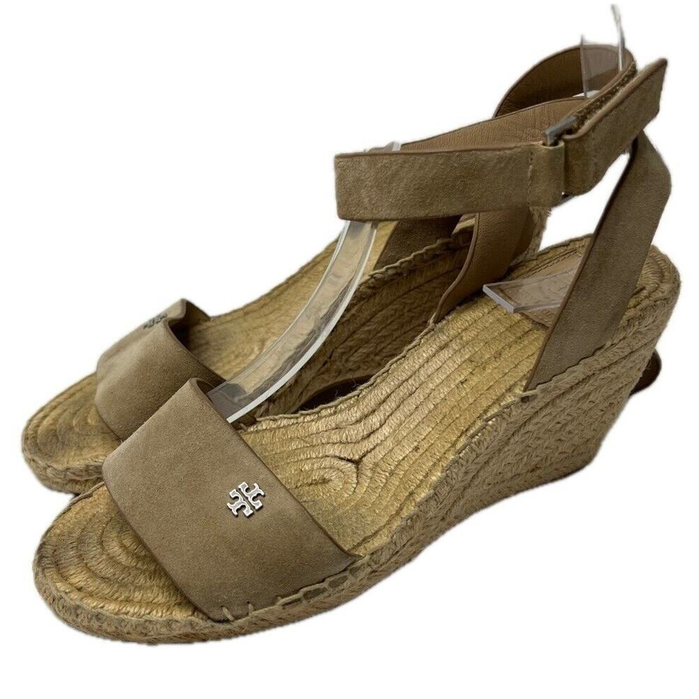 Tory Burch Sandals Women’s 8 M Bima 2 Beige Suede Espadrille Wedge Ankle Strap